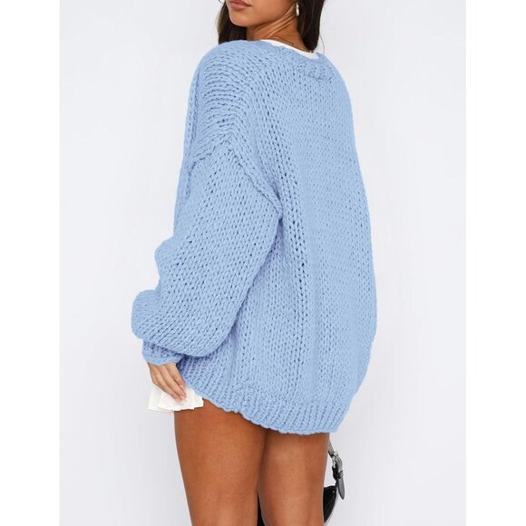 Womens Trendy Cardigan Sweaters Light Blue Long Sleeve Chunky Knit Outfits - Picture 2 of 8